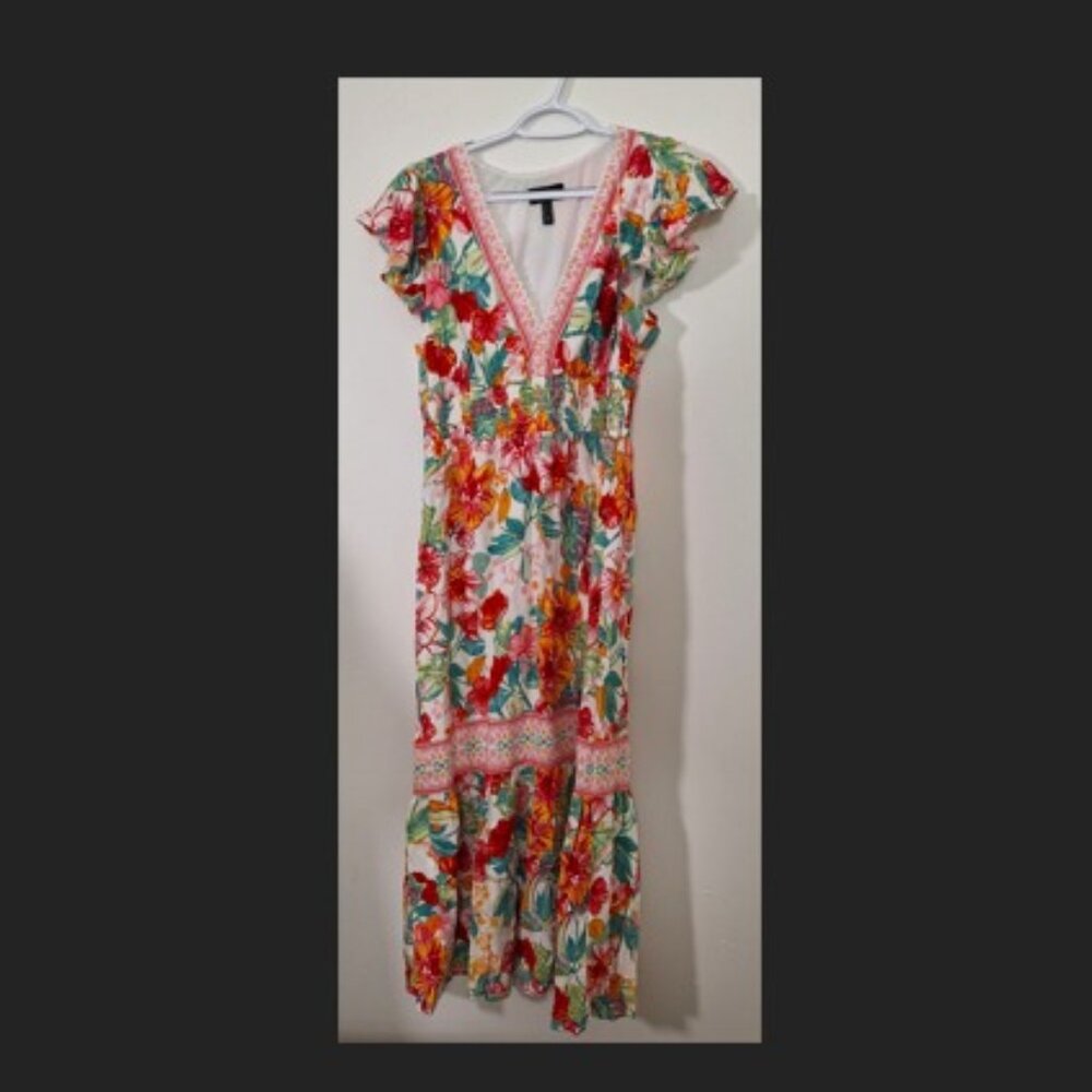 Adrianna Papell Colorful Floral V-Neckline Flutter Cap Sleeve Printed Midi Dress